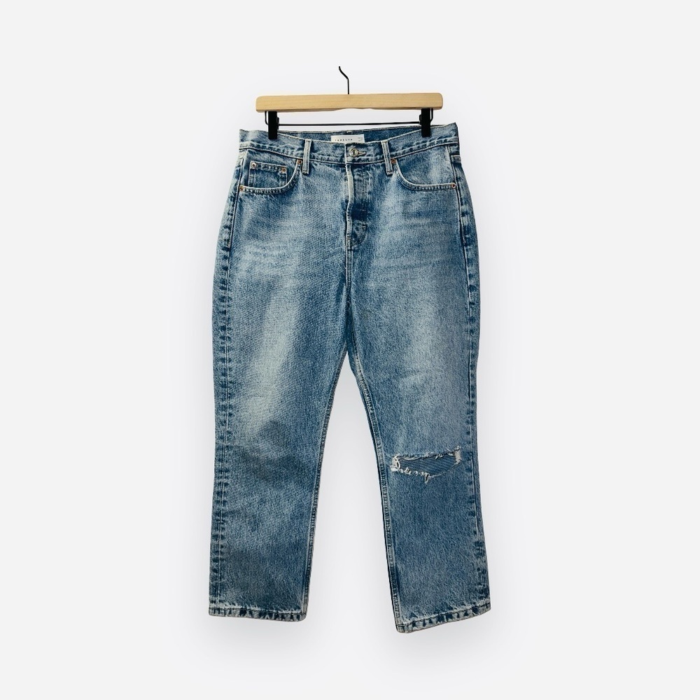 Topshop Light Wash Denim High Rise Button Fly Straight Leg Mom Jean size 30